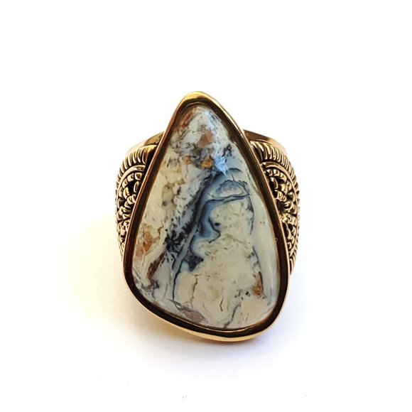 Barse African Opal Statement Ring Sz 8 3/4 Bone White Gray Blue Goldtone Boho - Picture 1 of 6